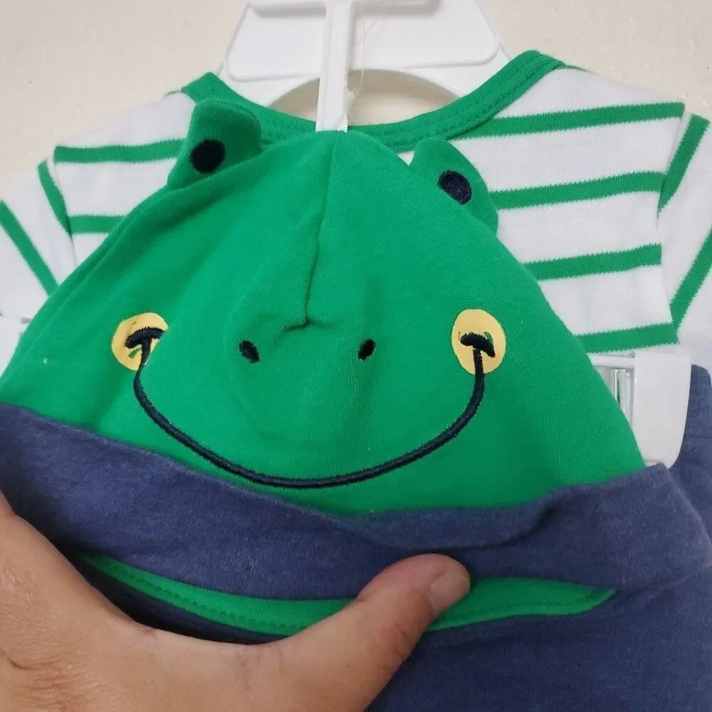 Little Me Frog Stripes Bodysuit Blue Pants + Hat 3PC Outfit Set Baby Boy 9Months